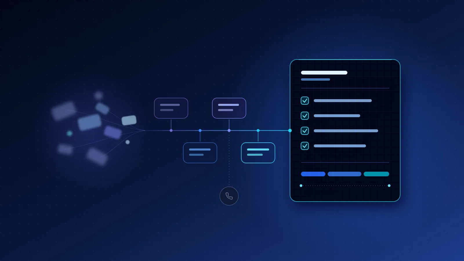 A blurred cluster of idea scraps flows along a thread of alternating message bubbles into a crisp scope card with checked rows and a timeline, while a small call button waits off to the side.