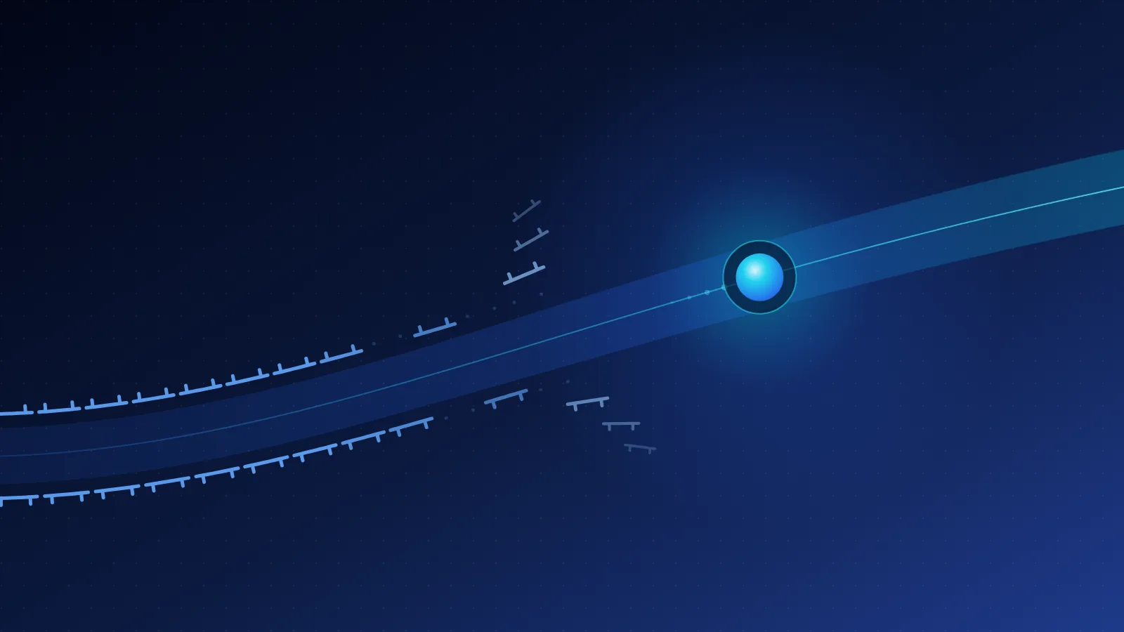 A glowing blue light travels along a lane lined with guardrail sections that thin out and lift away behind it, leaving the road ahead open